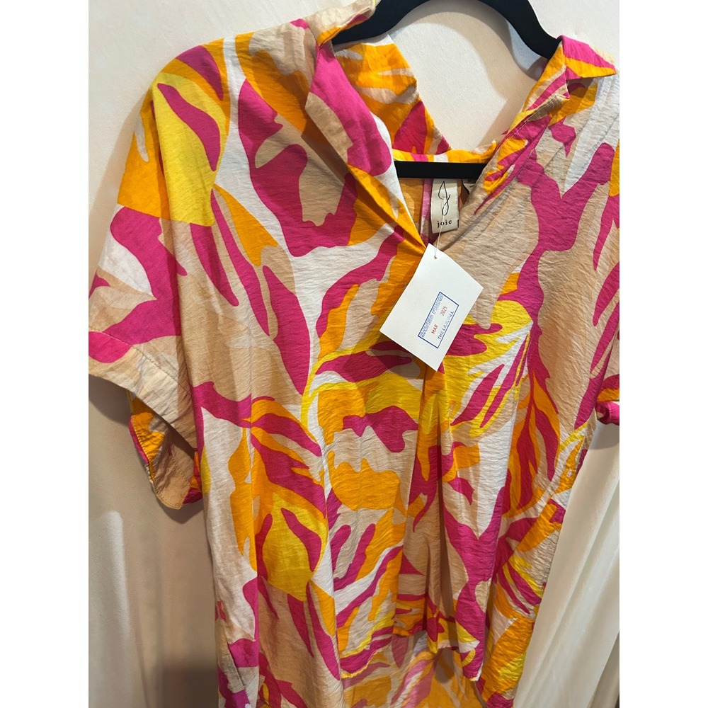 Joie Abstract Print Short Sleeve Collared Top Pink Yellow Medium